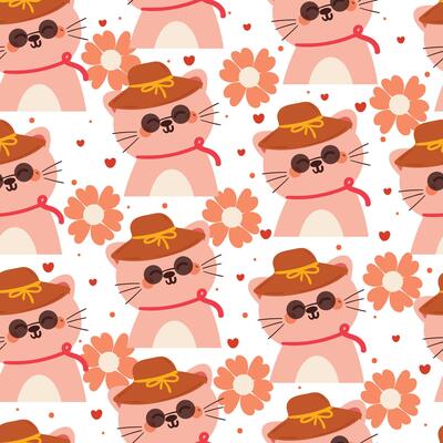 cute hand drawing cartoon cat wearing sun glasses with flower seamless pattern. cute animal pattern in white background for gift wrap paper and wallpaper