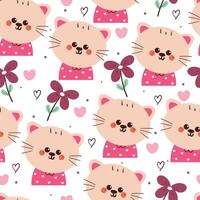 cute drawing cartoon cat with flowers and leaves seamless pattern. animal pattern in white background for wallpaper vector