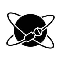 Black and White Atom Icon with Orbiting Electrons Illustration. vector