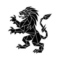 Geometric Black Lion in Rampant Pose with Angular Polygonal Design. vector