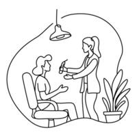 Dentist showing dental tools to patient in a minimalist line art style. vector