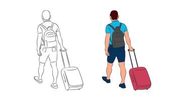 Flat illustration showing a traveler from behind, comparing colored and line art versions for design vector