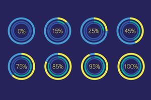 Flat style circular loading bar set from 0 to 100 on dark background. Great for UI design, infographics, and digital dashboard elements to visualize data or progress tracking vector