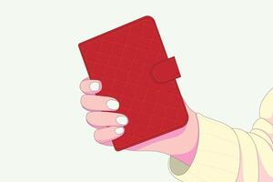Flat style of a womans hand holding a red wallet. Perfect for financial, shopping, and fashion-themed concepts. Simple and modern isolated object with clean illustration design. vector
