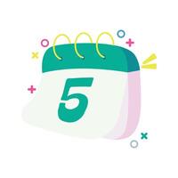 Bright flat calendar icon showing the number 5 in cartoon style. Perfect for planners, daily reminders, scheduling UI, and educational materials. Fun, modern, and colorful for digital design use. vector