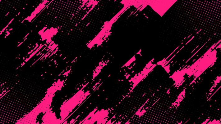 Pink background with diagonal black smudges and pink halftone dots.