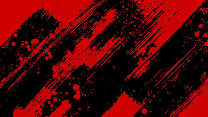 Red background with diagonal black brush strokes and scattered red drops.