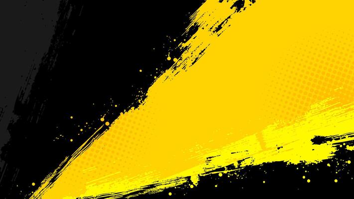 Yellow background with overlapping diagonal black brush strokes and halftone dots.