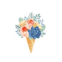 Ice cream cone with flowers and macarons vector