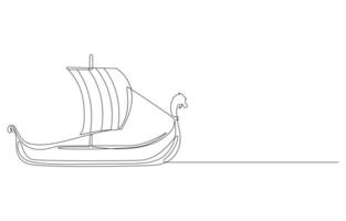 Single Line Art Illustration of a Viking Longship Sailing on the Sea vector