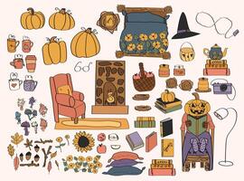 Cozy autumn illustration with pumpkins and decor vector