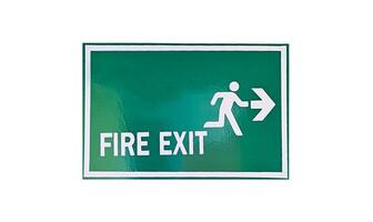 Green fire exit sign or board isolated on white background for giving direction to exit when have fire in building or place. photo