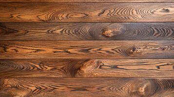 Polished wooden planks with natural wood grain pattern and rich brown tones, arranged in horizontal alignment with visible texture and knots. photo