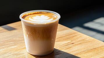Iced latte in plastic cup on wooden table with milk foam art and condensation, captured in warm light with soft shadows and modern minimal setting. photo