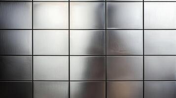 Brushed metal square wall panel texture featuring reflective surface and grid alignment with a smooth industrial finish. photo