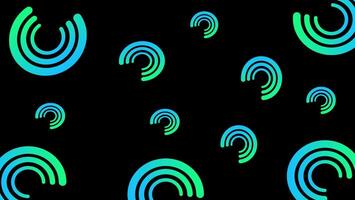Seamless pattern of green and blue concentric arc symbols on black background showcasing modern abstract tech inspired vector