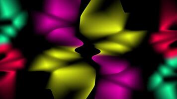 Abstract mirrored neon light shapes in yellow magenta cyan and red on black background forming psychedelic symmetrical pattern vector