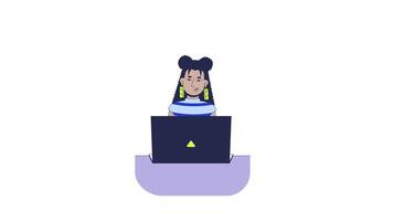 Confident latina woman with long earrings typing laptop 2D character animation. Web designer. Confident hispanic female developer coding animated person cartoon 4K isolated on white transparent video