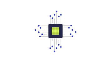 Central microchip with extending circuit nodes 2D cartoon object animation. Computing power. IT technology. AI chip motherboard. CPU symbol animated flat colorful item 4K isolated on white video
