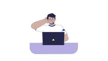 Confused arab man using laptop while scratching back of head 2D character animation. Frustrated middle eastern guy with puzzled gesture animated person cartoon 4K isolated on white transparent video