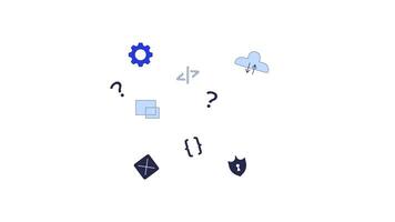 Programming and development icons appearing floating 2D animation. Gear, cloud upload, secure shield, flowchart, code brackets animated object cartoon flat concept metaphor 4K isolated on white video