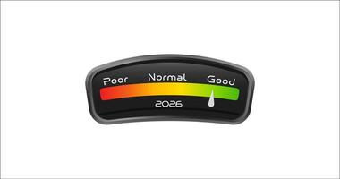 Speedometer Dashboard With 2026 And Indicator In Green. Symbol Of Positive Progress, Growth, Readiness And New Year Performance Goals. Illustration vector