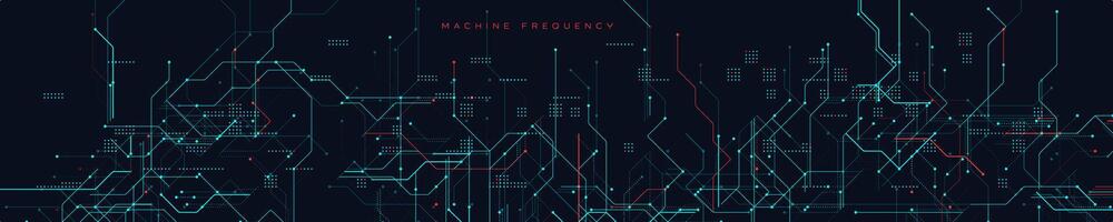 Machine Frequency Circuit Background With Futuristic Red and Blue Lines. High-tech network map with glowing connections and schematic patterns on dark background. Illustration vector