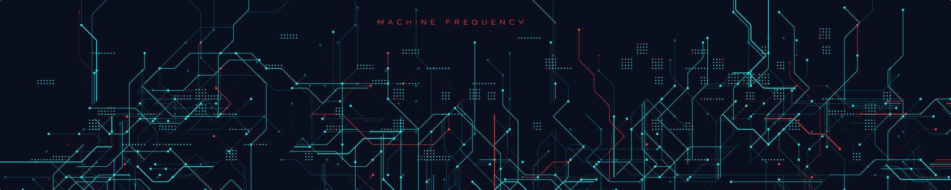 Machine Frequency Circuit Background With Futuristic Red and Blue Lines. High-tech network map with glowing connections and schematic patterns on dark background. Illustration