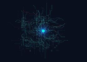 AI Neural Circuit Board Center Glow Data Flow Tech Background. Abstract Futuristic Digital Grid With Glowing Core And Complex Lines On Dark Interface. Cybernetic map BG. Illustration vector