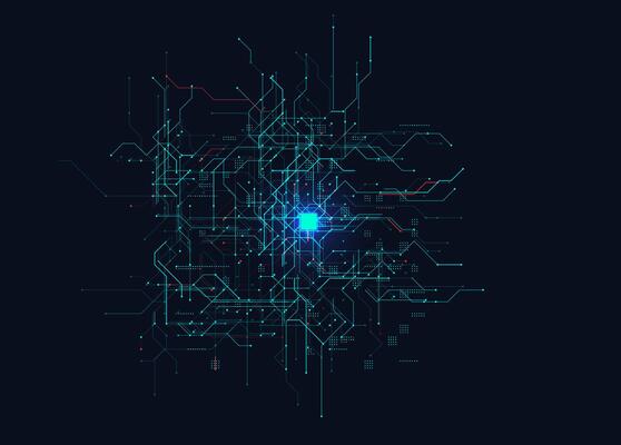 AI Neural Circuit Board Center Glow Data Flow Tech Background. Abstract Futuristic Digital Grid With Glowing Core And Complex Lines On Dark Interface. Cybernetic map BG. Illustration