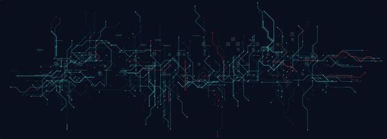 Cyber Circuit Lines With Red and Blue Tech Grid on Dark Background. Futuristic digital interface design with complex technology wiring and glowing nodes. Illustration vector