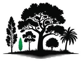 Silhouette tree collection variety of tree types forest evergreen trees. palm trees silhouette vector