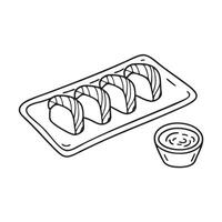 A tray of unagi rolls placed beside an empty wasabi wrapper vector