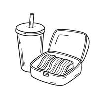 A slice of unagi inside a lunchbox with a cold drink nearby vector