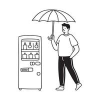 Person with umbrella beside a vending machine post vector