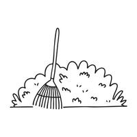 A garden rake leaning next to dense shrubbery in the backyard vector
