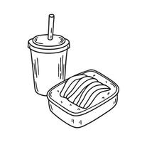 Grilled unagi packed in a lunch container next to a cold beverage vector