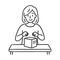 A person unboxing a package on a small wooden table vector