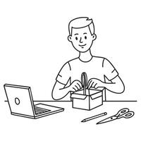 A person unboxing a package near a laptop and scissor vector