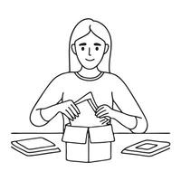A person opening an electronics box with instruction sheets around vector