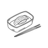 A tray of unagi beside a pair of chopsticks on a lunch tray vector