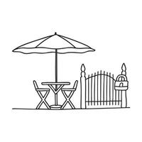 A folded umbrella table leaning by a locked patio gate vector