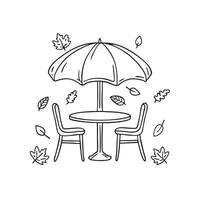 An umbrella table covered with scattered leaves during autumn vector