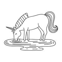 A horned unicorn drinking from a curved riverbend vector