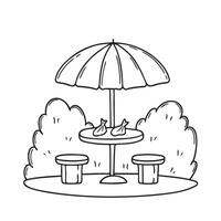 An umbrella table above snack wrappers left in the park vector