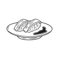 A soy sauce spill near a plate with grilled unagi vector