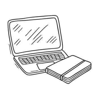 A table holding a closed laptop and an empty notepad vector