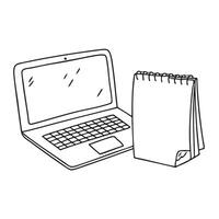 A closed laptop resting next to a blank notepad vector