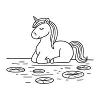 A unicorn lying beside a pond with drifting leaves vector