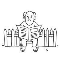 An uncle reading the paper while seated near a garden fence vector